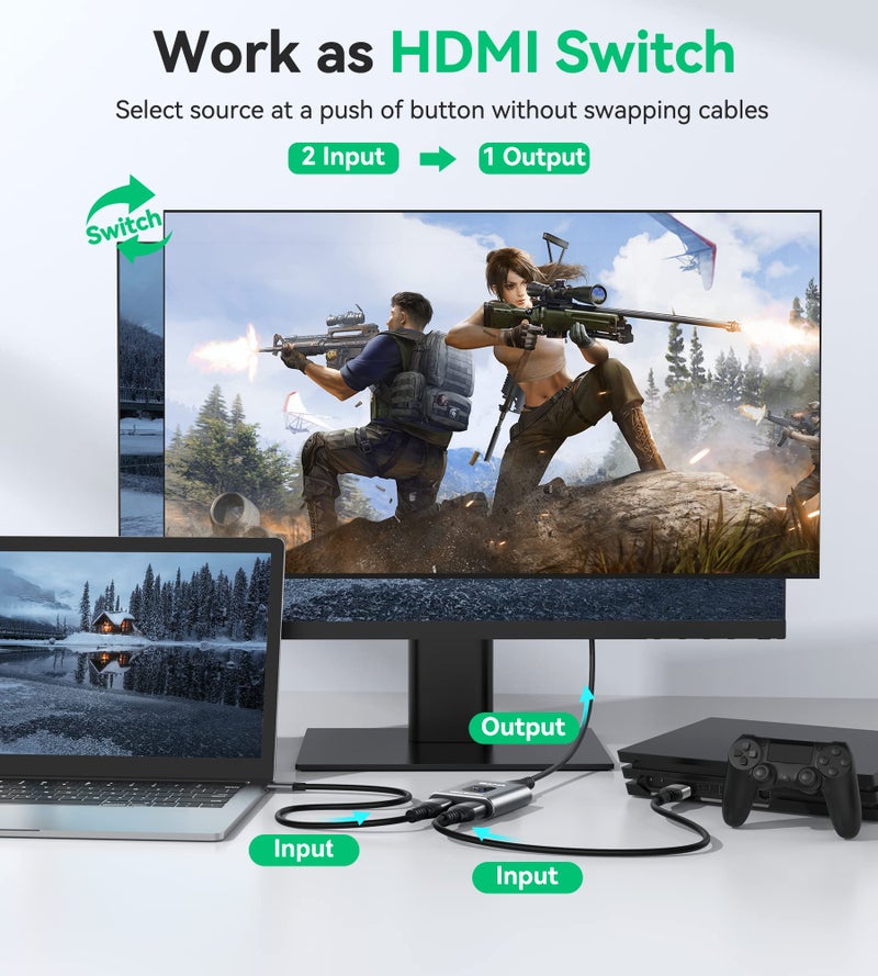 GANA HDMI Switch 4k@60hz Splitter, GANA Aluminum Bidirectional HDMI Switcher 2 in 1 Out, Manual HDMI Hub Supports HD Compatible with Xbox PS5/4/3 Blu-Ray Player Fire Stick Roku (Grey) - Image 4